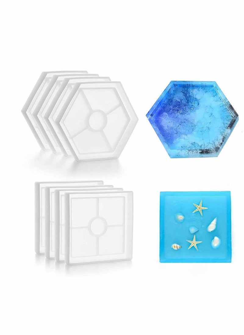 Coaster Molds Epoxy Resin Casting 8 Pcs, Contain 4 Pcs Square, 4 Pcs Hexagon Epoxy Resin Molds for Making Coasters, Cement, DIY Resin Artwork